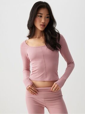 Ardene Dusty Rose Ribbed Cropped Top w/ Thumb Holes Long Sleeve Fitted, Size L